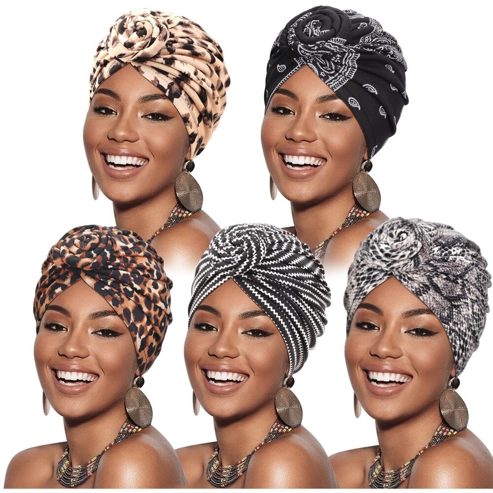 7790 5 Pack Knotted Headwraps African Turban Pre-Knotted Beanie Headwraps